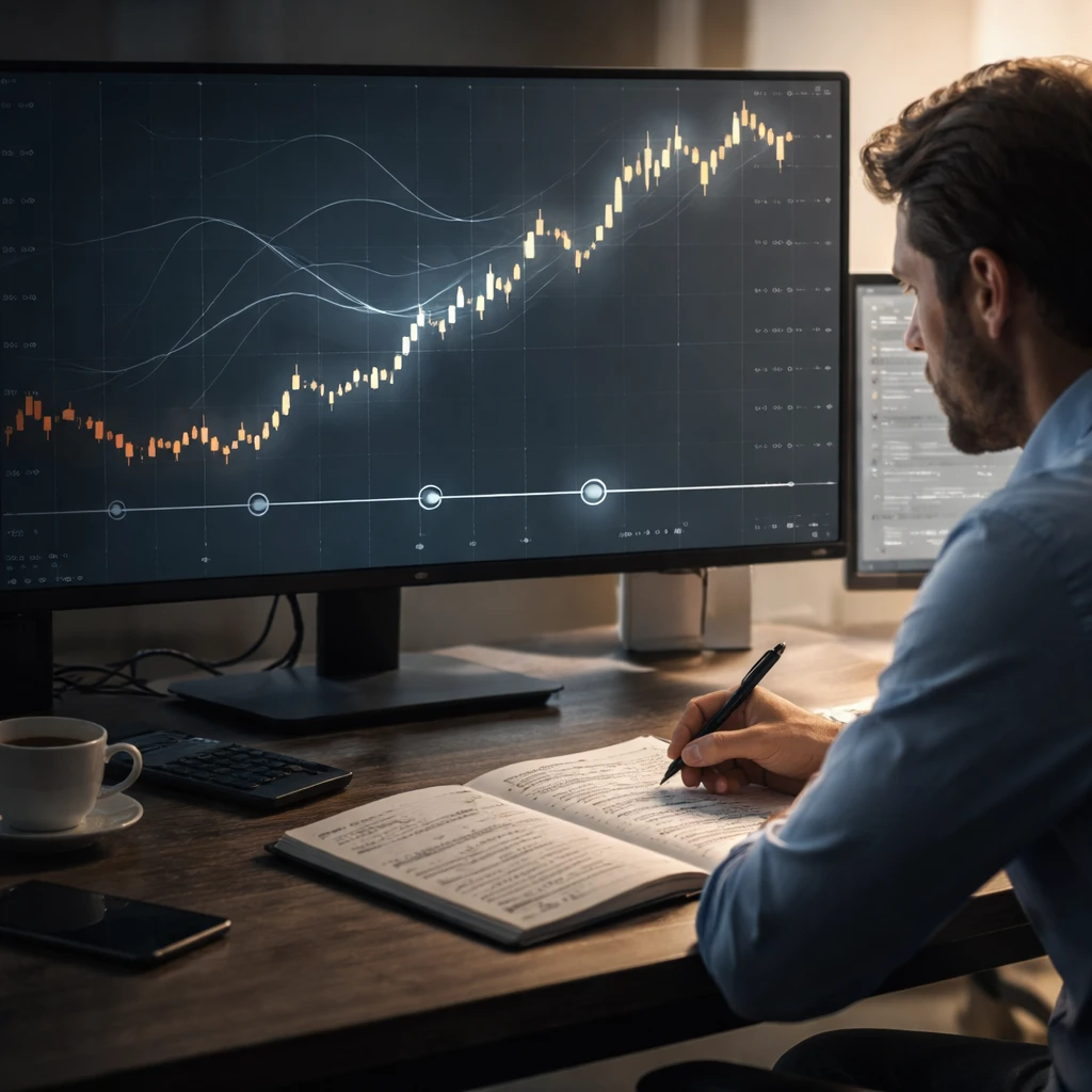 Trader reviewing a dated notebook of probability estimates while a chart shows one realized price path and several faded alternative paths.