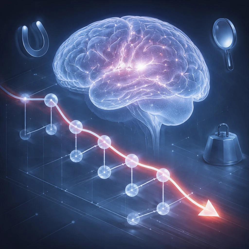 Translucent brain with a red descending equity curve threading through branching decision nodes, symbolizing cascading cognitive biases.
