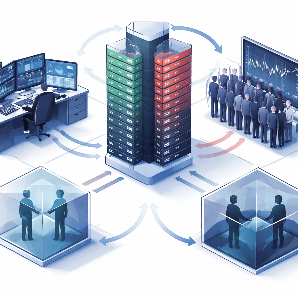 Isometric illustration of a limit order book with bids and asks, a market maker workstation, an auction crowd, and a dark pool cube symbolizing multiple sources of liquidity.