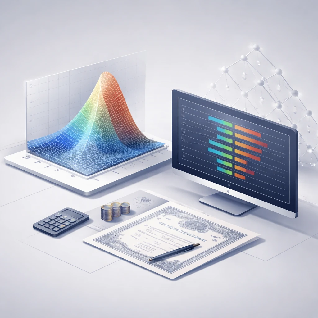 3D volatility surface over strike and maturity with a stylized binomial tree and order book elements, no text.