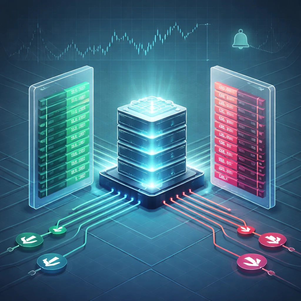 Isometric visualization of a limit order book feeding into a matching engine that pairs bids and asks.