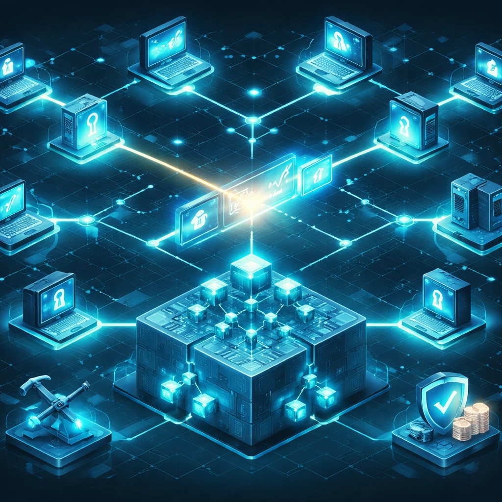 Illustration of distributed nodes verifying a blockchain transaction with cryptographic elements and a Merkle tree.