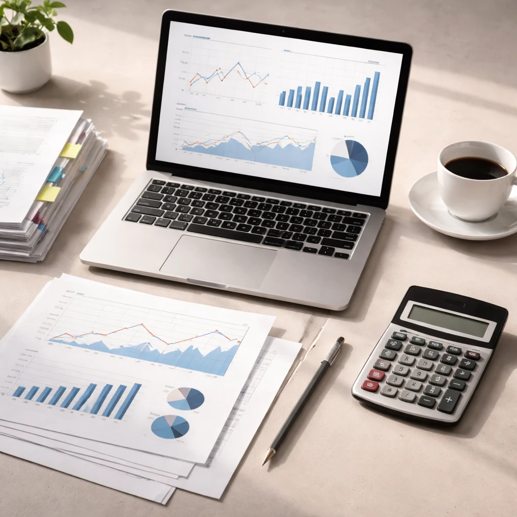 Overhead view of charts and a calculator on a desk, illustrating analysis of an income statement without any text.