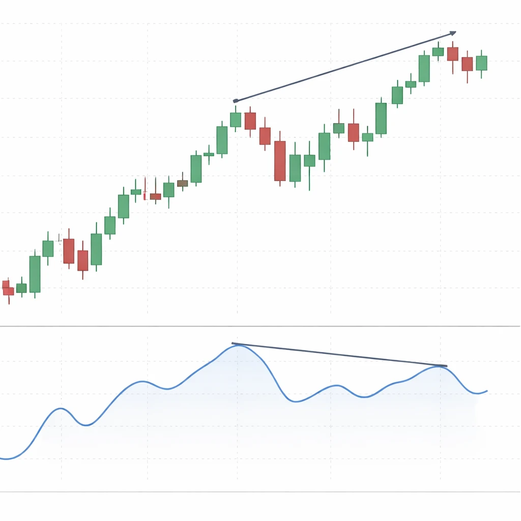 Price chart making a higher high while a momentum oscillator below makes a lower high, illustrating a bearish divergence.