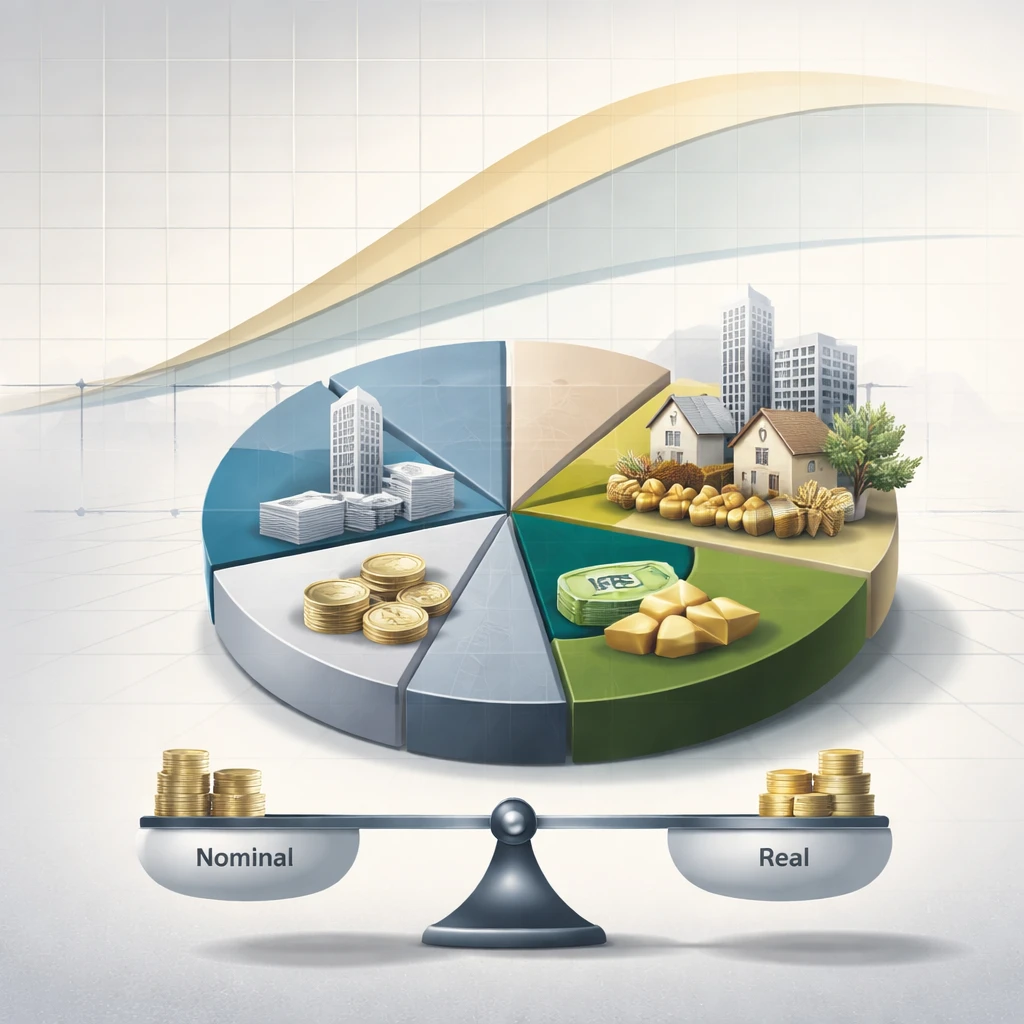 Conceptual visualization of a diversified portfolio with icons for major asset classes set against an abstract inflation curve.