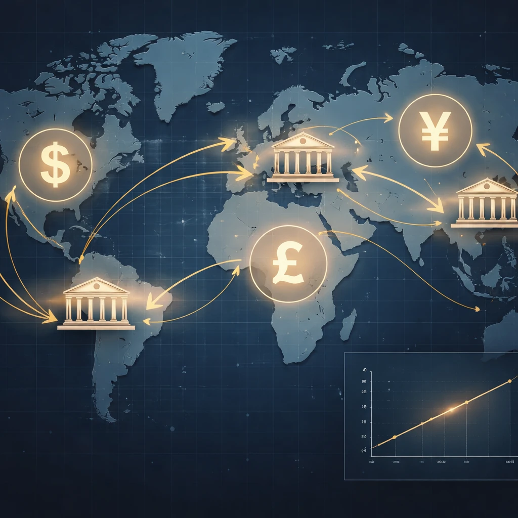 Conceptual visualization of interest rates shaping currency values across global markets.