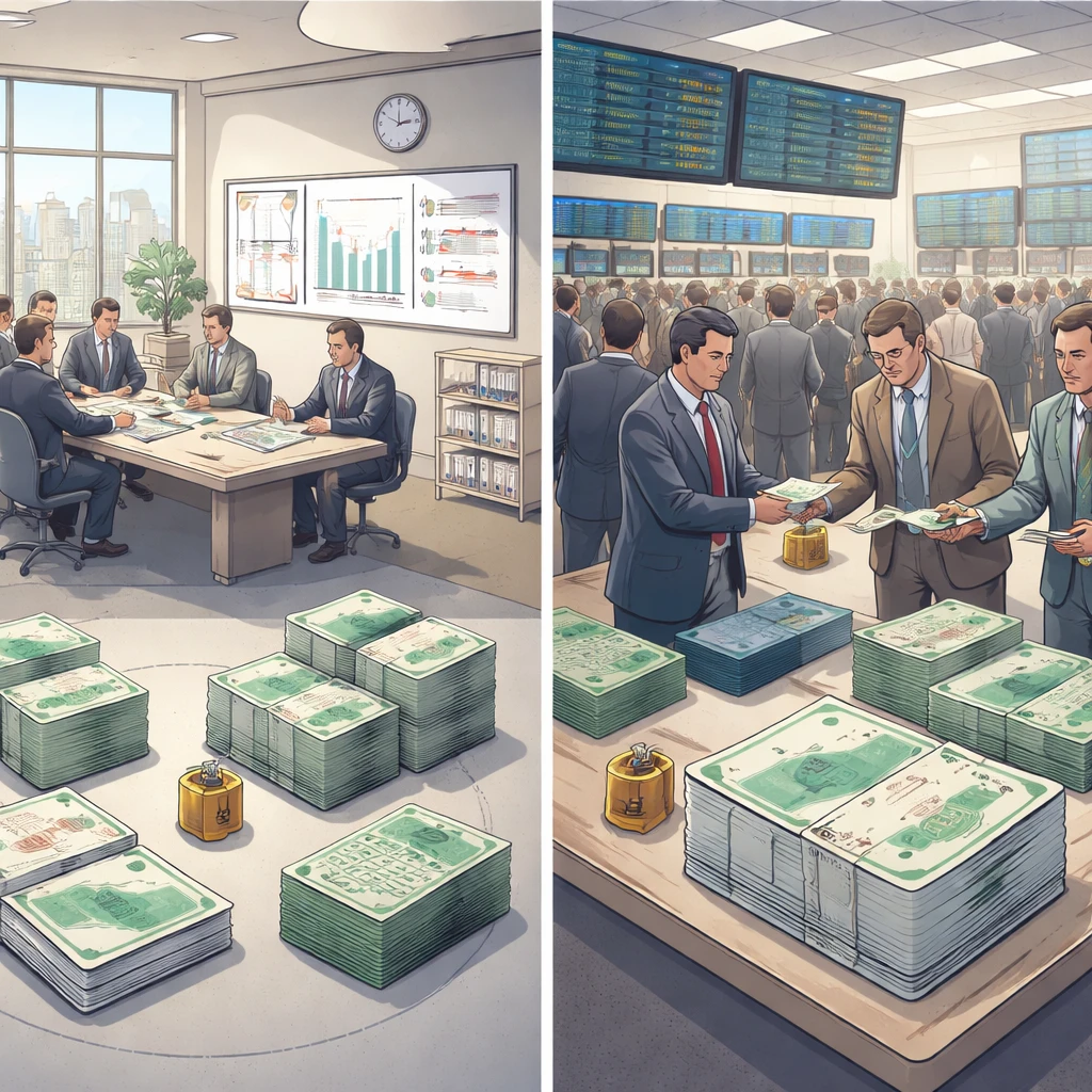 Illustration comparing an IPO and a secondary offering, showing underwriters issuing new shares versus existing shareholders selling stock, with a stock exchange backdrop.