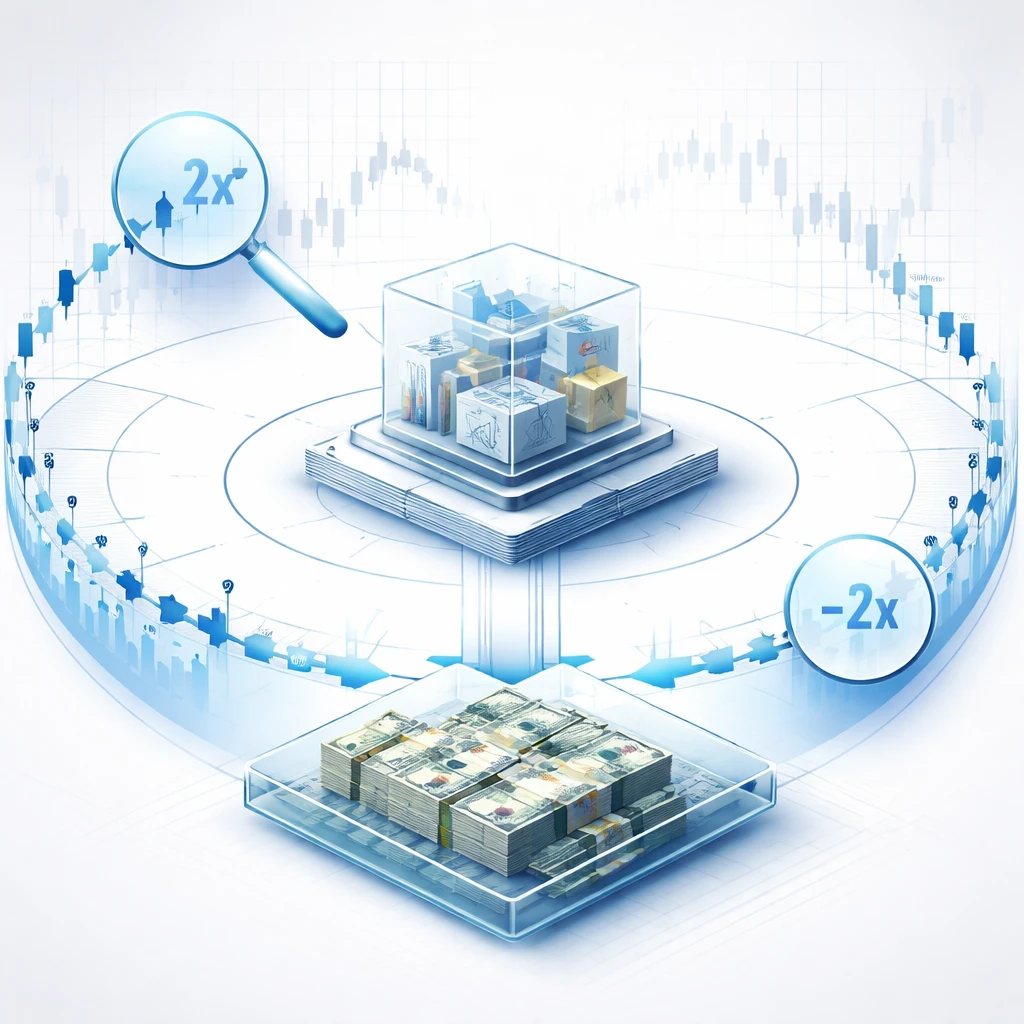 Abstract visualization of leveraged and inverse ETF mechanics with mirrored and magnified price paths converging on a central fund representation.