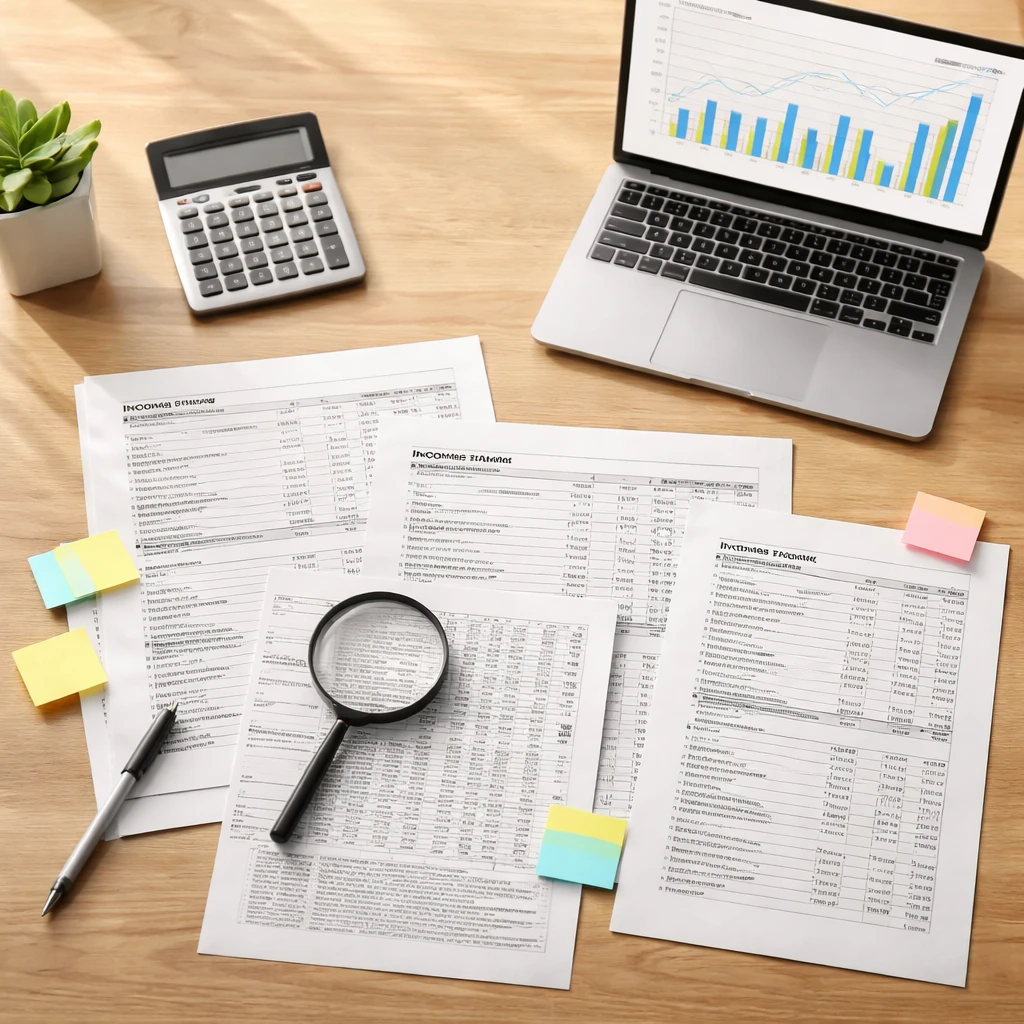 Magnifying glass over printed financial statements and footnotes beside a calculator on an analyst’s desk.
