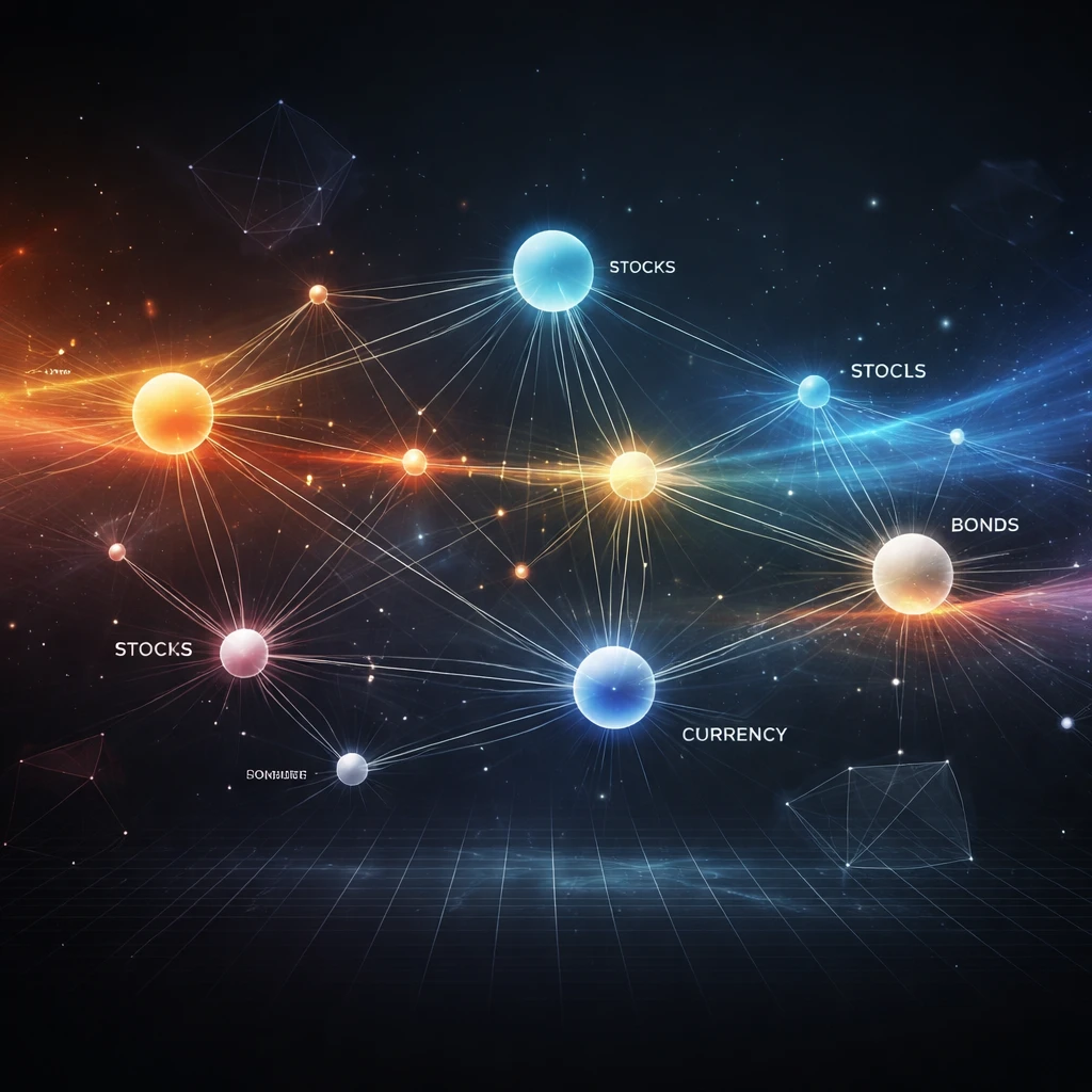 Abstract network of asset classes with changing correlations across market regimes.
