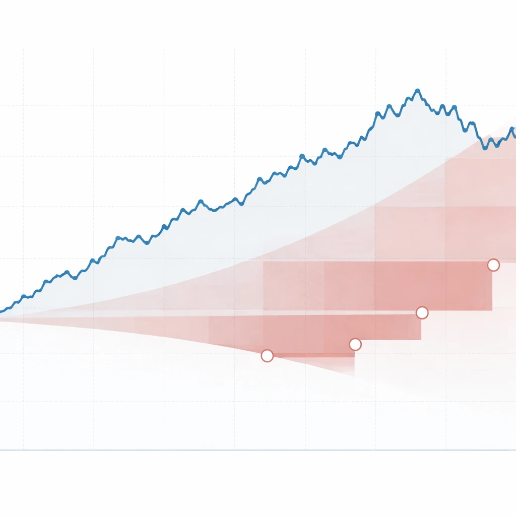 Equity curve with shaded drawdown area and stepped risk-throttling zones, illustrated without labels.