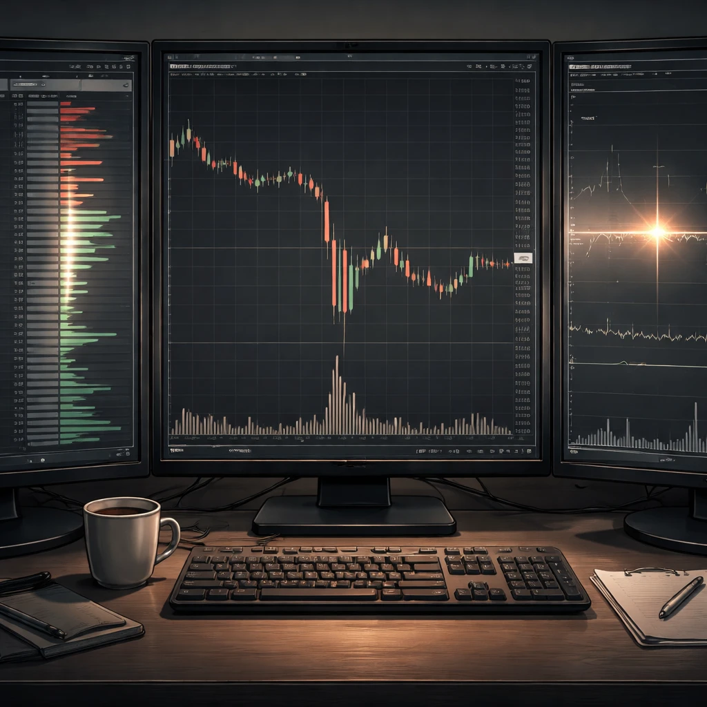 Illustration of a market order book thinning and spreads widening during a major news event with a chart showing a sharp price gap.