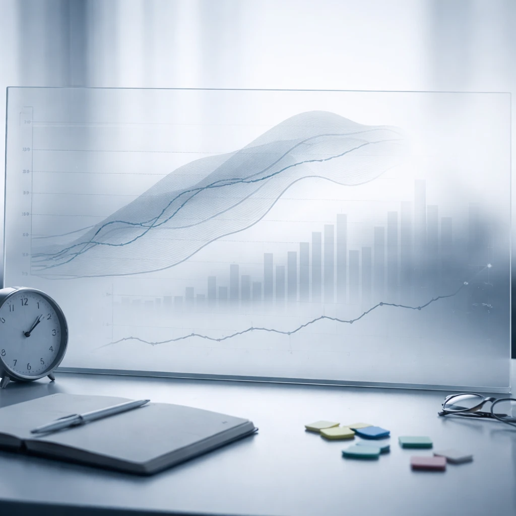 Abstract visualization of macroeconomic charts partially obscured to illustrate uncertainty in forecasting.