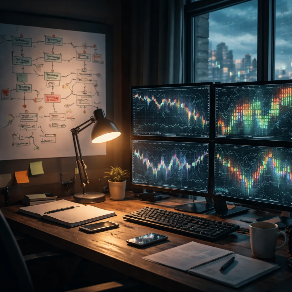 Contrasting a structured decision process with volatile market outcomes on a trading desk.