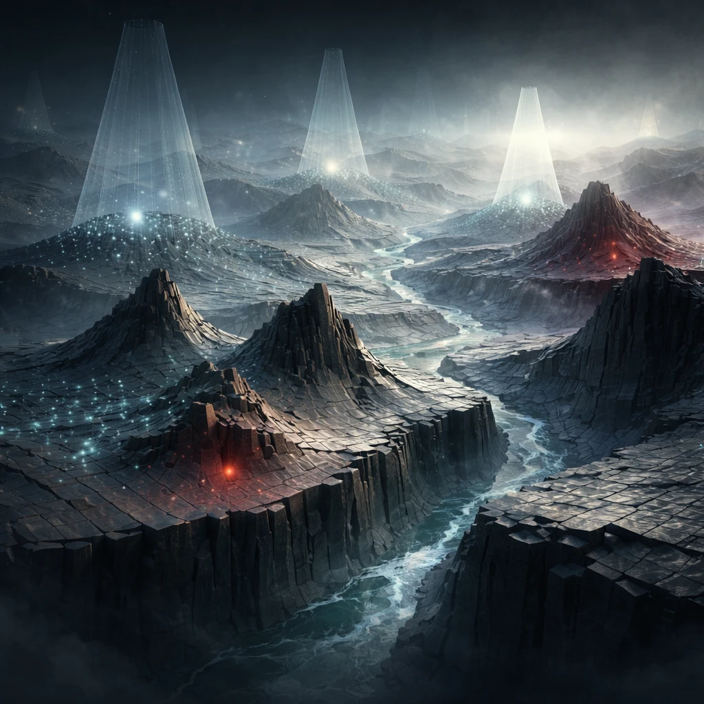 Conceptual illustration of the limits of risk and reward models with shifting distributions, fat tails, and liquidity constraints visualized as an unstable landscape.