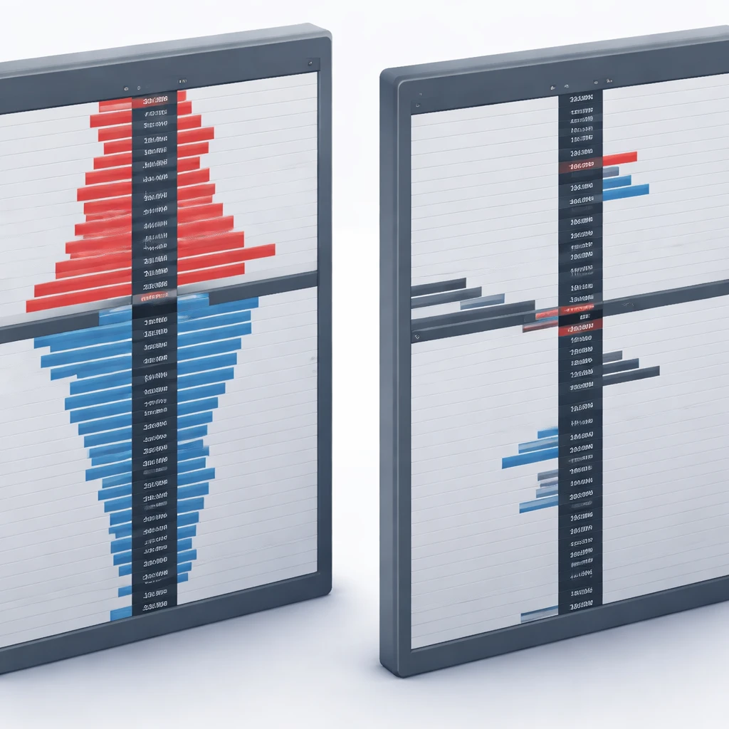 Comparison of a deep liquid order book and a sparse illiquid order book in a trading interface.