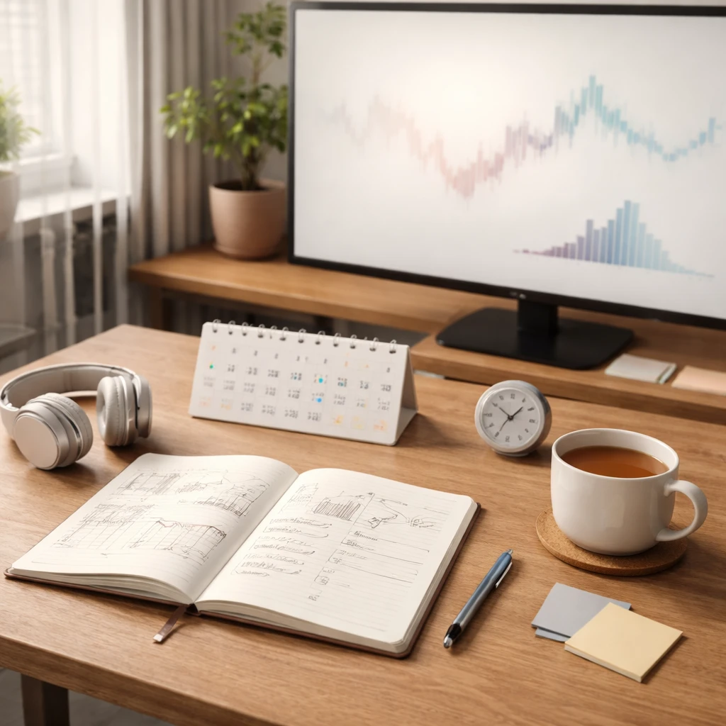 A calm trading workspace with a journal, calendar, and monitor showing abstract market charts, emphasizing routine and reflection.