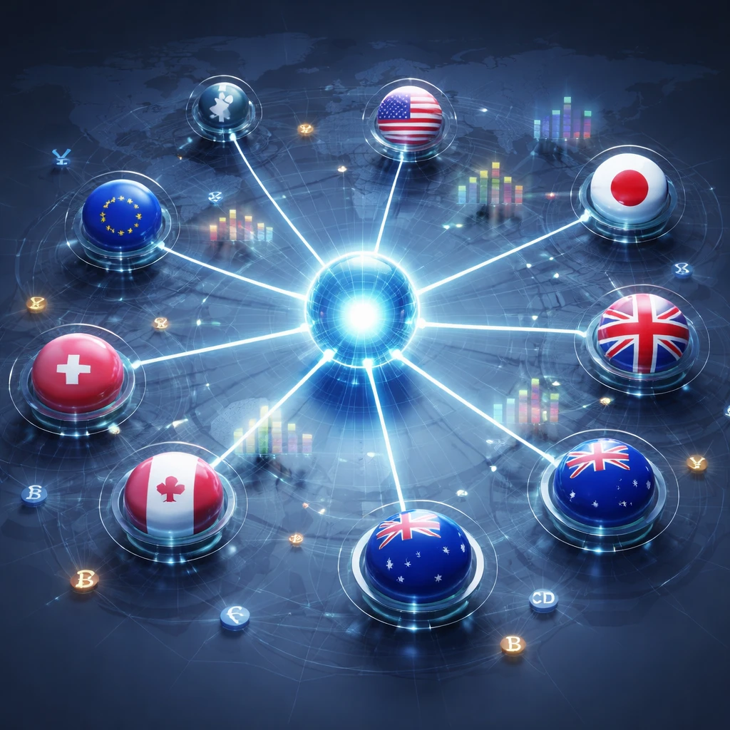 Visual network of global currency relationships highlighting USD-linked major pairs and non-USD crosses across a world map backdrop.