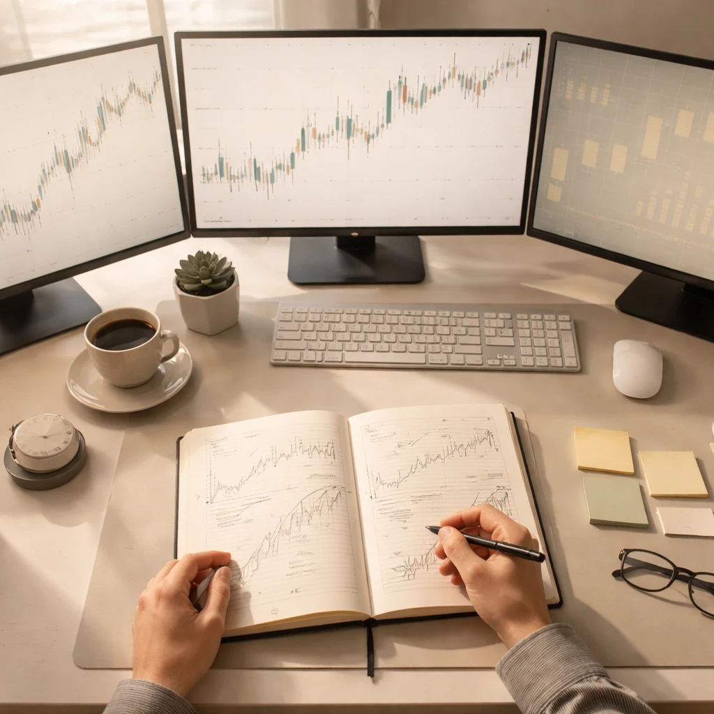 A thoughtful trader reviews a journal and equity curve at a tidy desk with screens showing abstract price charts.