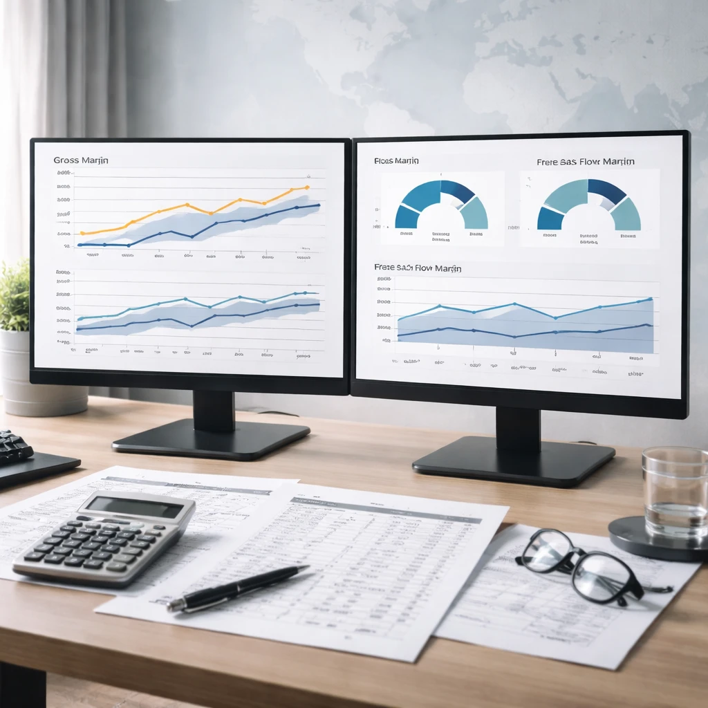 Financial analyst workspace displaying charts of margins and return metrics alongside printed financial statements and a calculator.