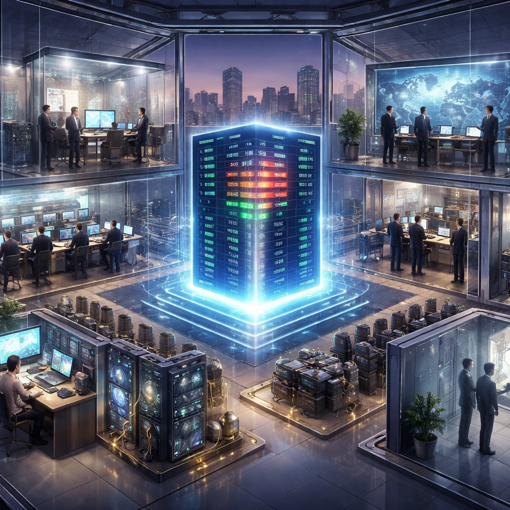 Illustration of diverse market participants surrounding a central electronic order book in a modern trading hub.