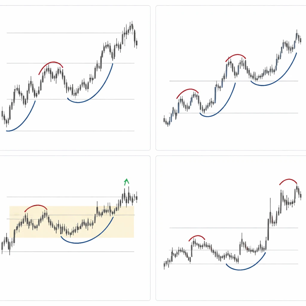 Four comparative charts for equities, FX, commodities, and crypto with highlighted swing highs and lows illustrating market structure differences