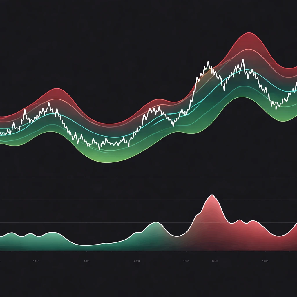 Price oscillating around a moving average with dynamic volatility bands and a panel showing changing volatility levels.