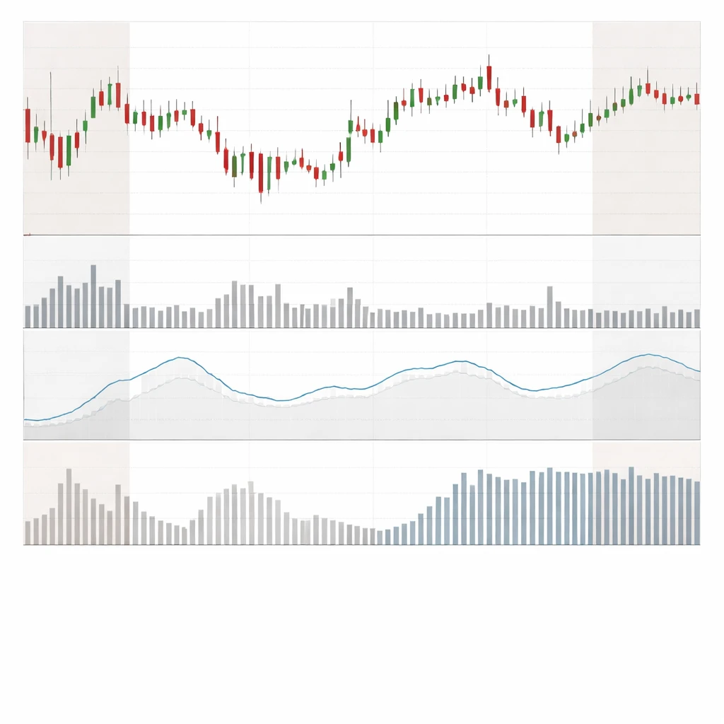 Candlestick chart with volume histogram spikes at session open and close, alongside a volatility line and a futures rollover panel.