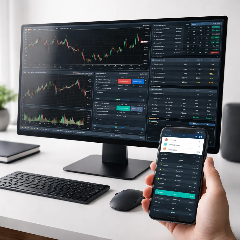 A desktop trading platform with multi-window layout beside a smartphone displaying a streamlined trading app interface.