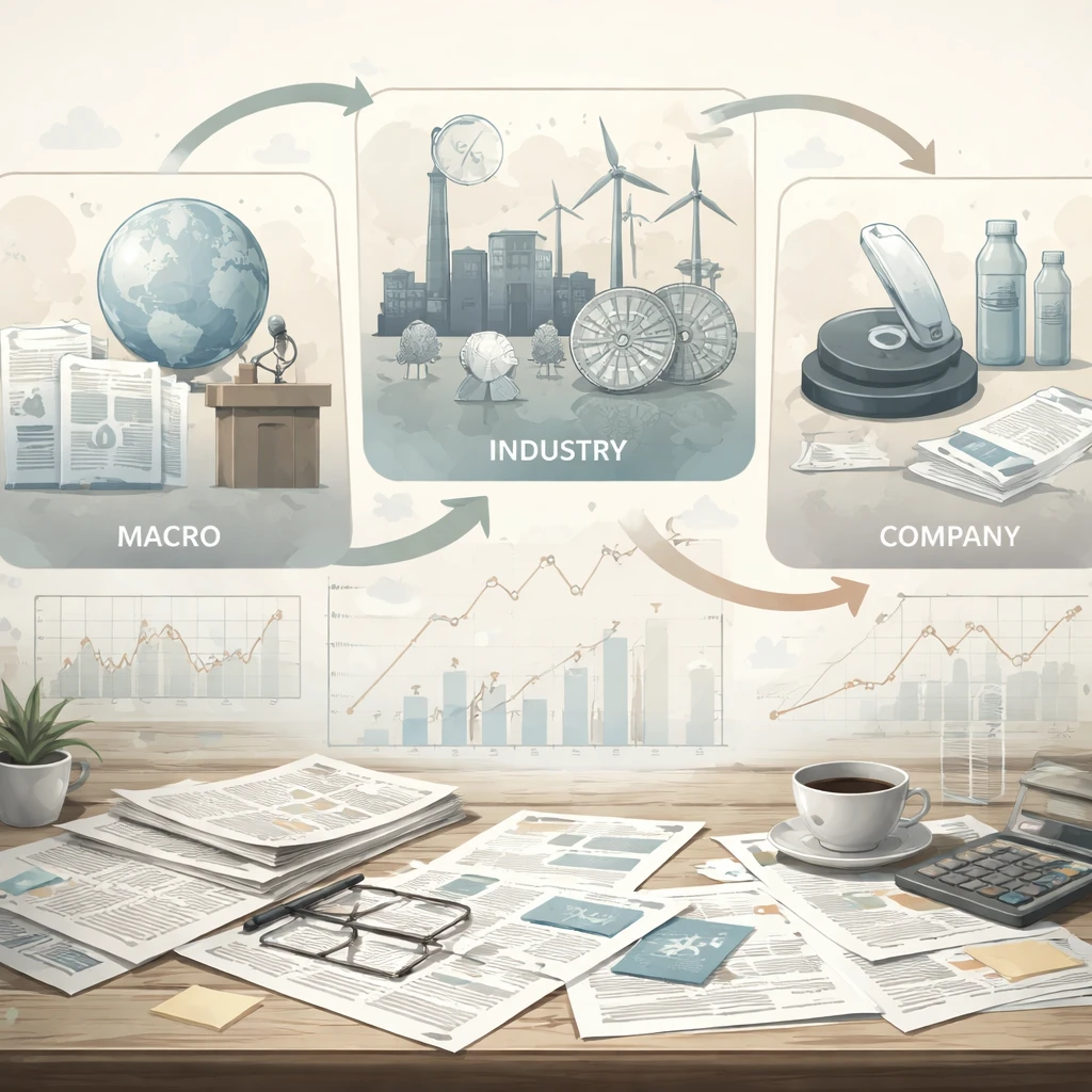 Conceptual illustration of a market narrative shift with changing arrows connecting macro, industry, and company drivers that influence valuation.