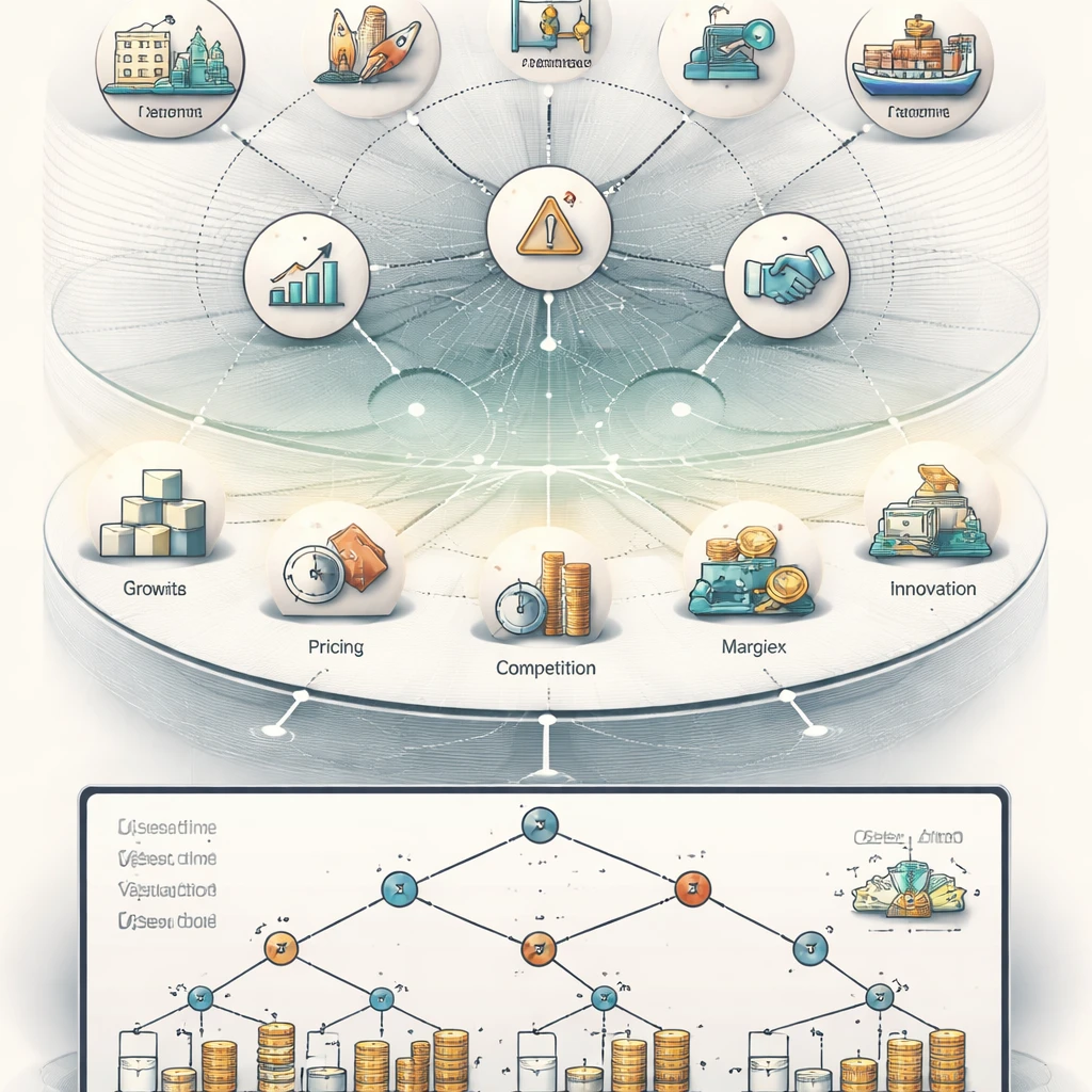 Abstract layered diagram showing how news flows into narratives and sentiment, which then connect to business drivers and valuation.