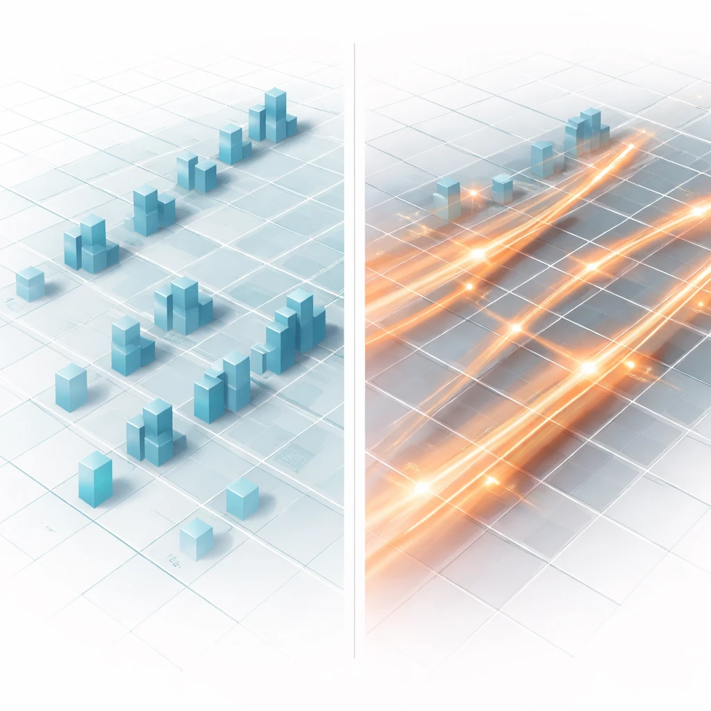 Abstract visualization comparing open interest stacks to volume flows across an options chain of strikes and expirations.