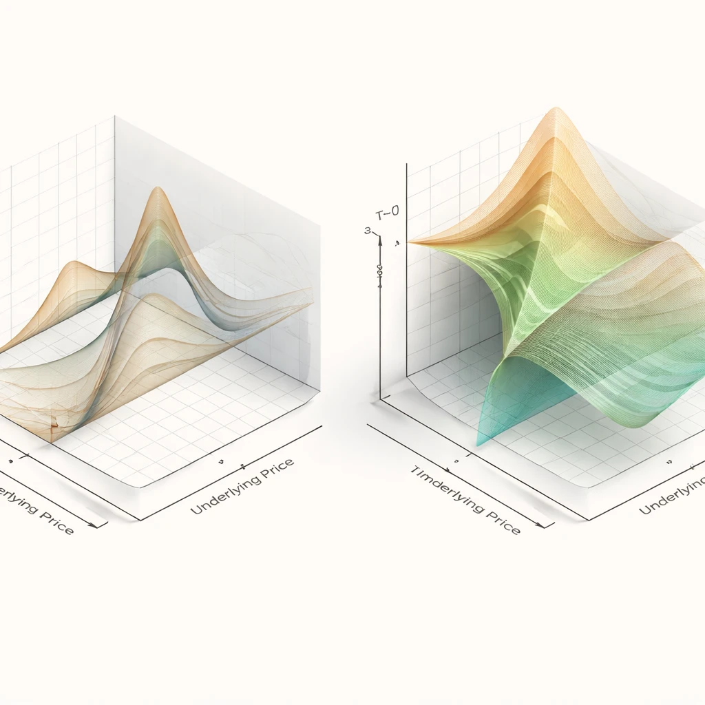 3D visualization comparing expiration payoff curves and live T-0 options risk profile surfaces across price and time.