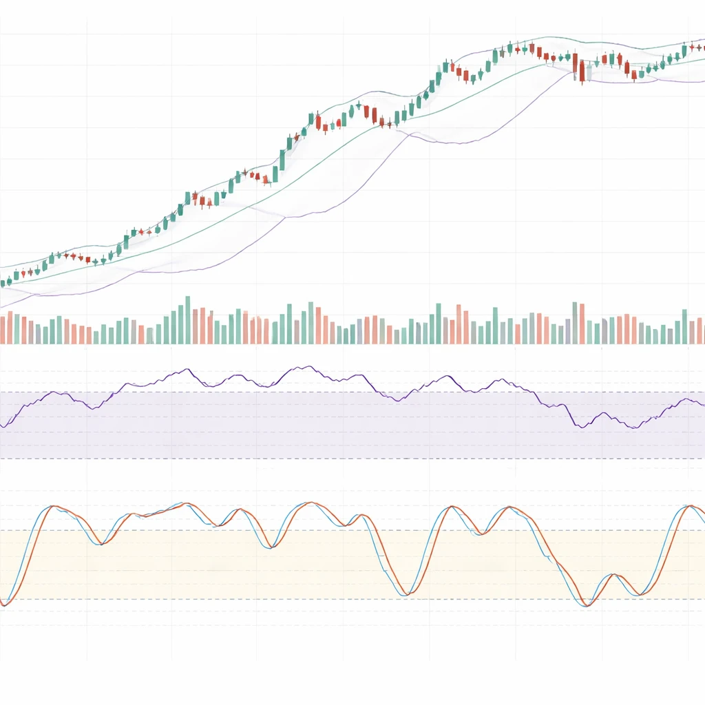 Candlestick chart with RSI, Stochastic, and Bollinger Bands illustrating overbought and oversold conditions.