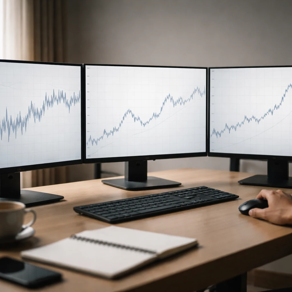 Trading desk with multiple monitors showing the same asset across fast, intraday, and multi-day timeframes, highlighting noise versus trend without on-screen text.