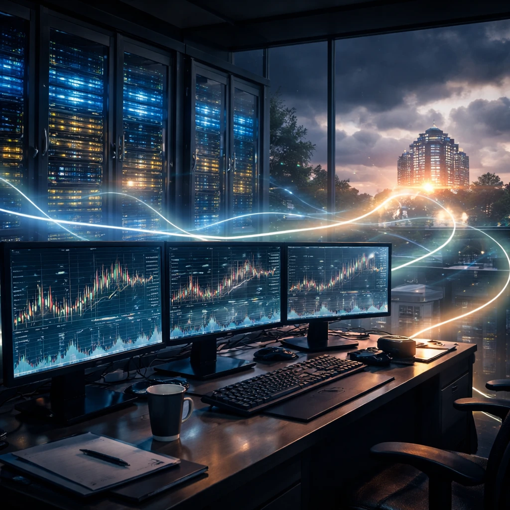 Trading workstation connected to data center servers, visualizing network flow and system resilience during a brief disruption.