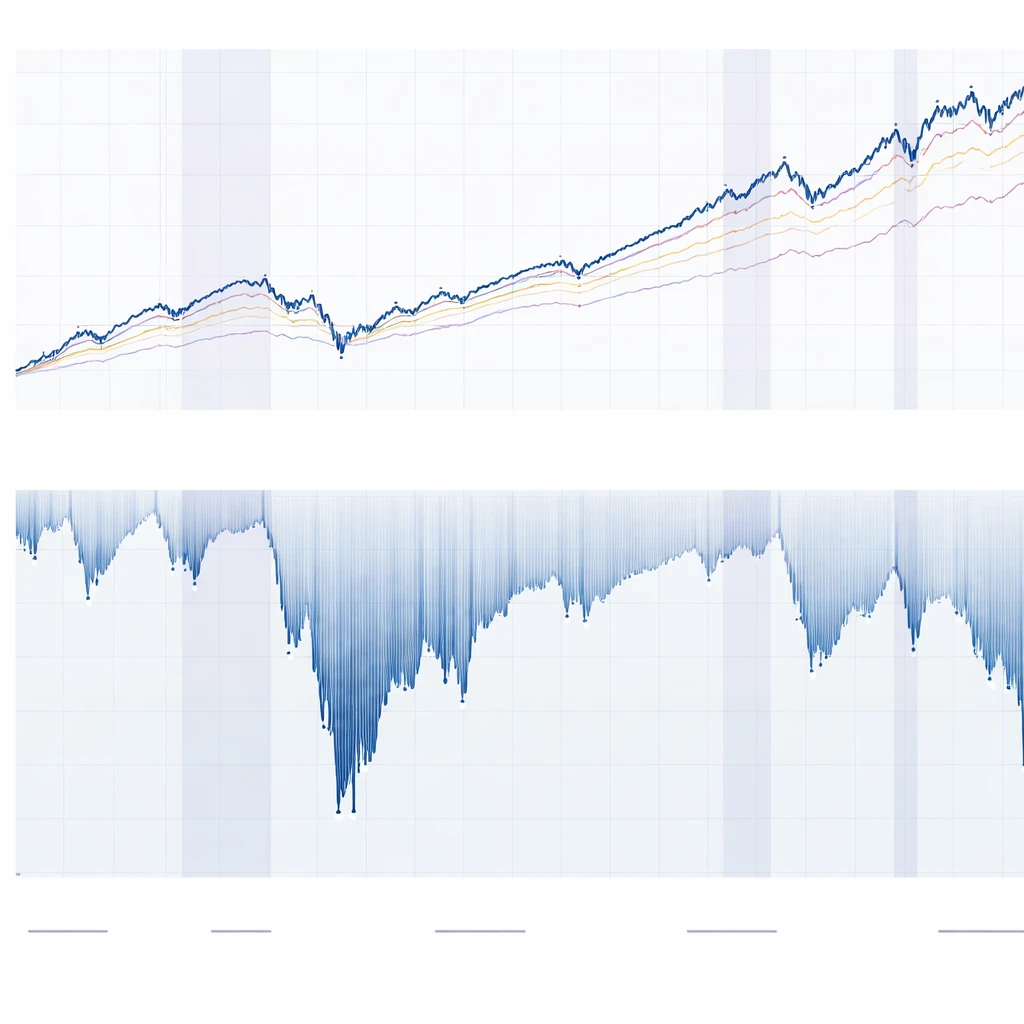 Two-panel visualization of a portfolio’s value and its underwater drawdown curve with peaks, troughs, and crisis periods highlighted graphically.