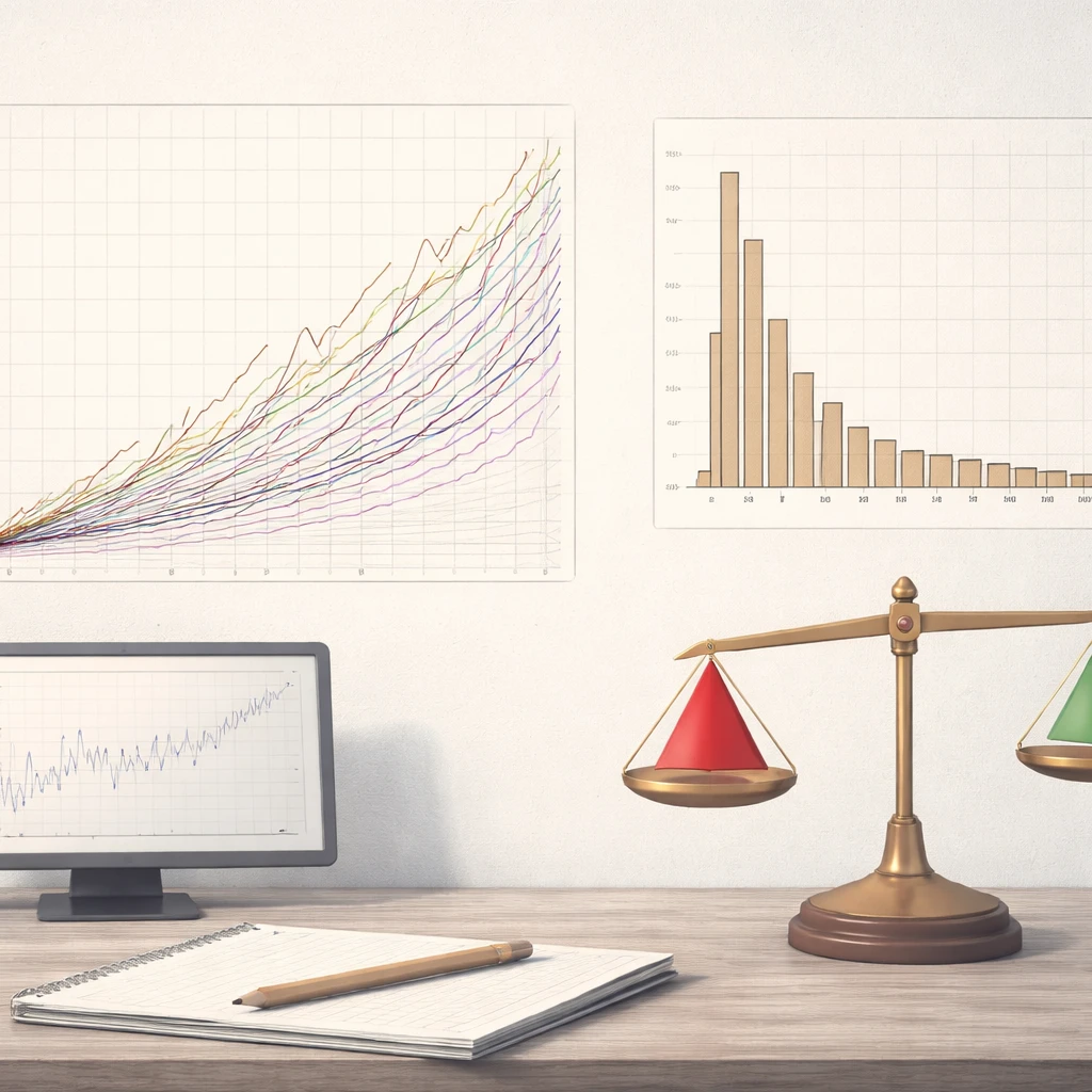 Illustration of risk and reward distributions with equity curves and probability histograms representing positive expectancy.