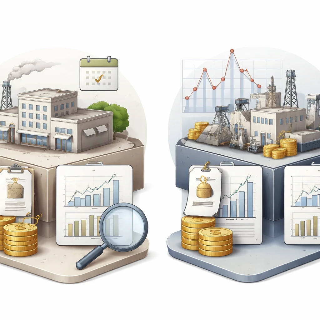 Conceptual comparison of two companies’ P/E ratios with price tags, coin stacks, and earnings documents balanced under a magnifying glass.