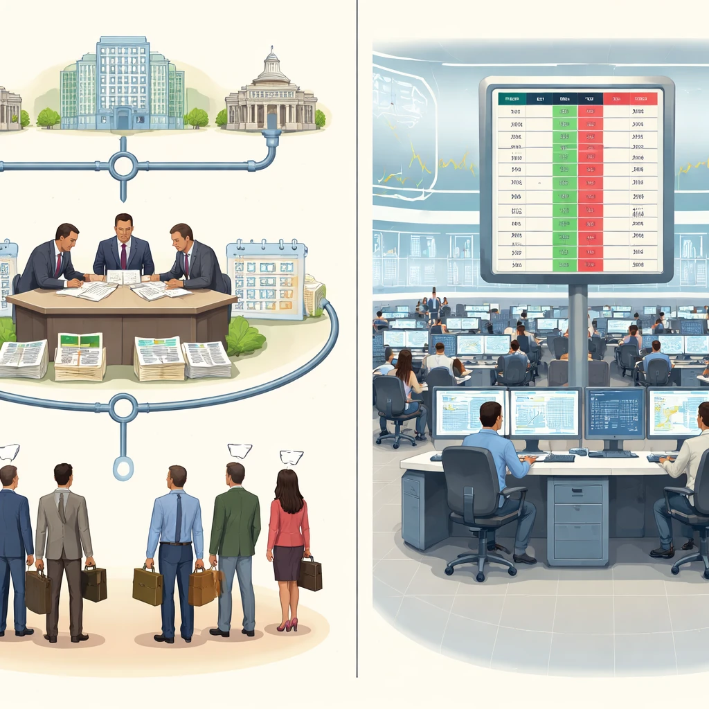 Split illustration showing a primary market issuance pipeline on the left and a secondary market electronic trading environment on the right.