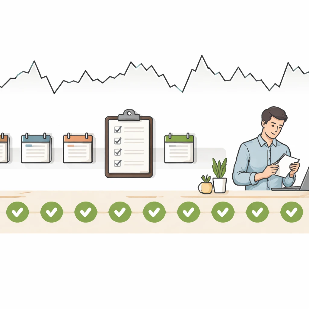Illustration of a person reviewing a checklist over a timeline with fluctuating market-like noise above and steady checkmarks below.