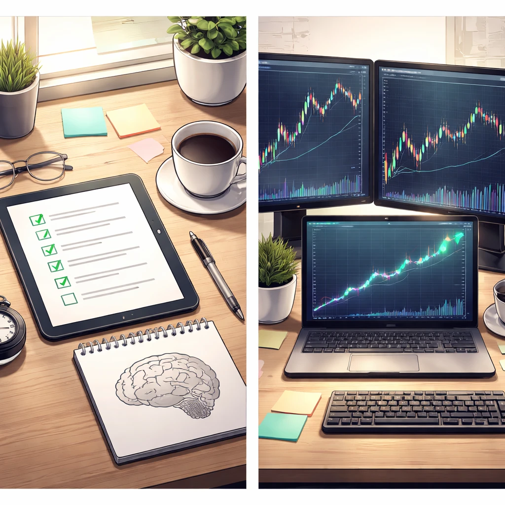 Split-view trading desk showing process tools on one side and fluctuating market charts on the other.