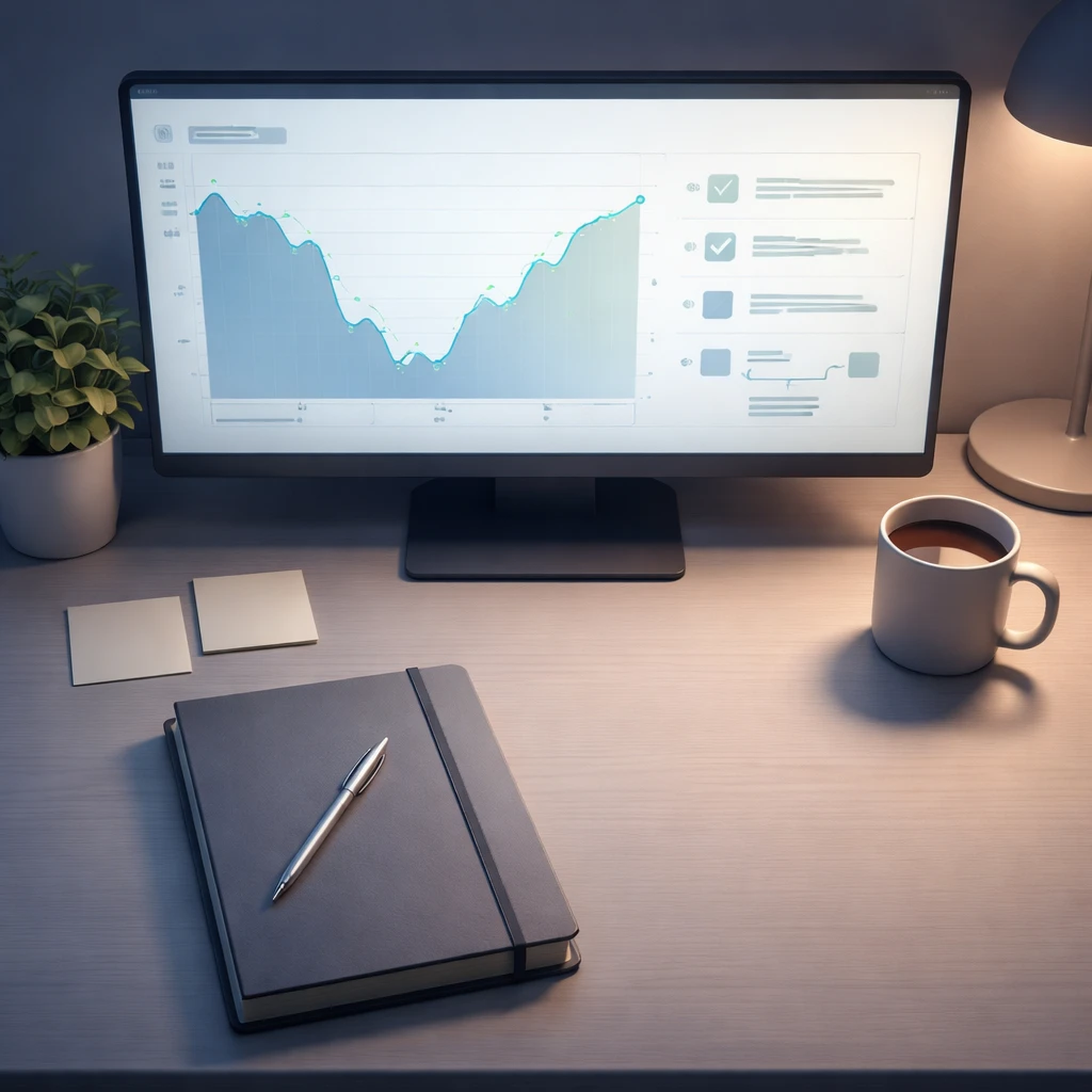 A minimalist trading desk with an equity curve dip on screen and abstract checklist elements, conveying focus on process during a drawdown.