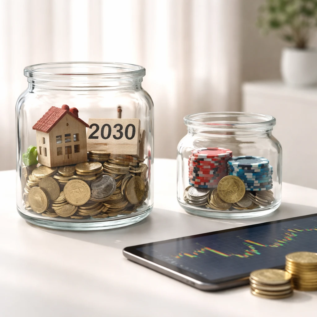Two separate glass containers on a desk, one with long-term symbols like coins and a small house model, the other with poker chips and coins beside a tablet showing market charts.