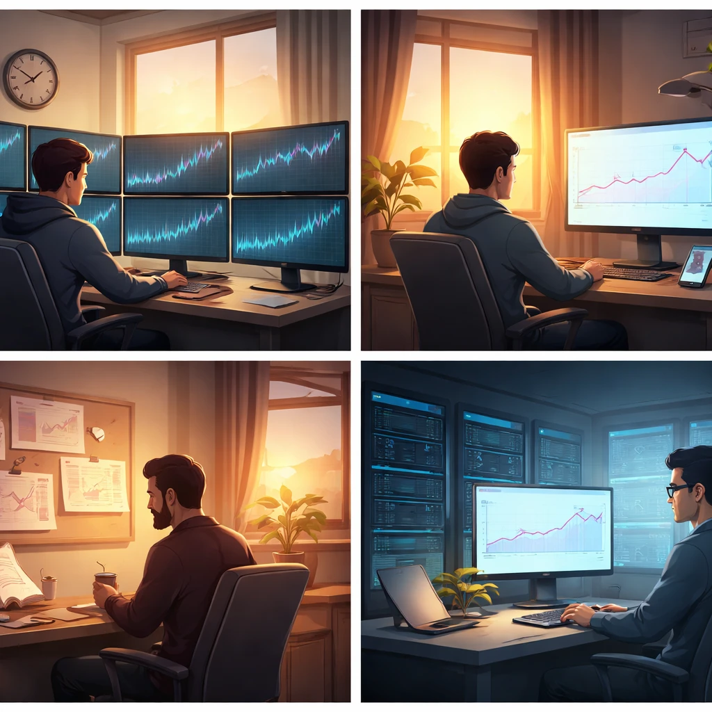 Four scenes showing traders in intraday, swing, position, and systematic styles, each environment conveying different psychological demands without text.