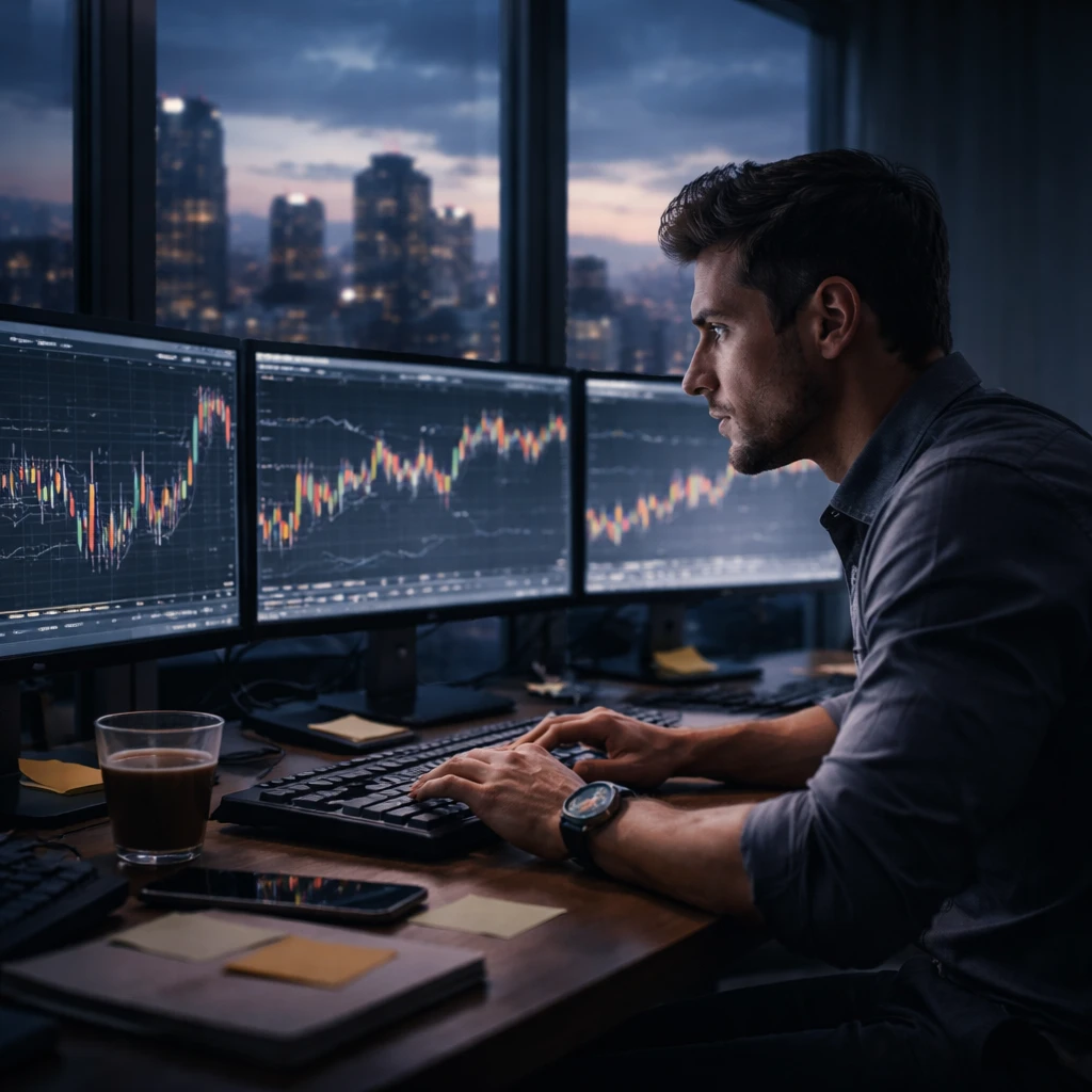 Trader at a workstation during a volatile market session, with tense posture and multiple charts on screens.