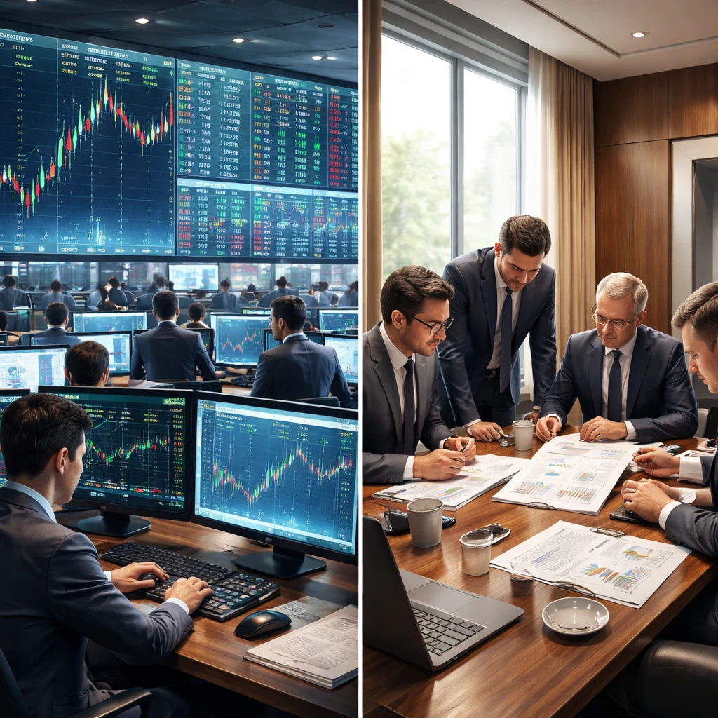 Split visual contrasting a public stock exchange trading floor with a private company boardroom meeting.