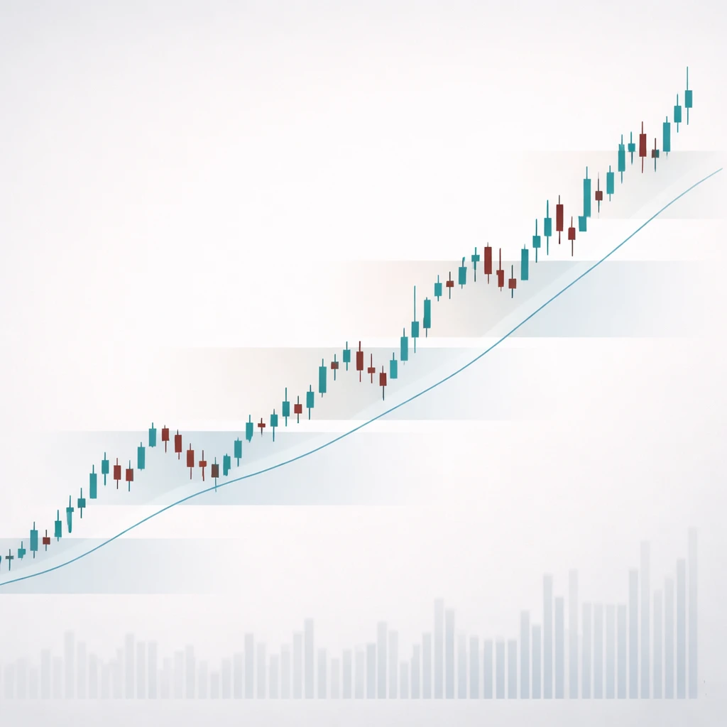 Candlestick chart illustrating an uptrend with multiple pullbacks toward a rising moving average.