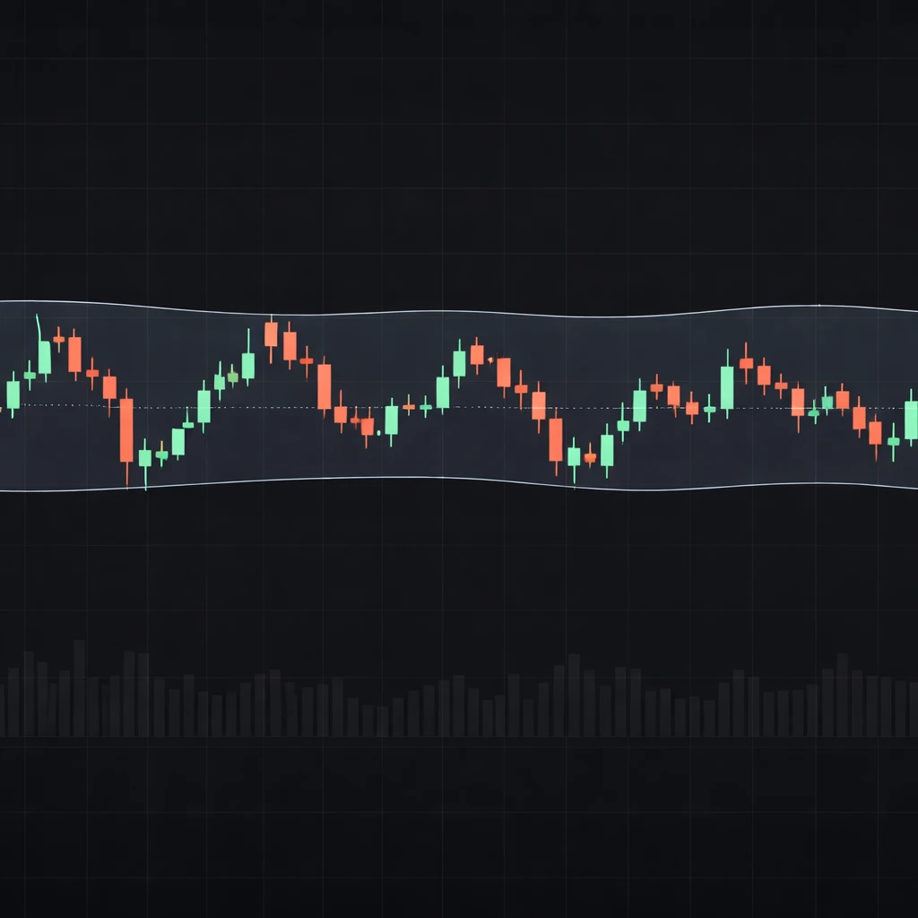Candlestick chart moving sideways within a horizontal channel, bounded by upper and lower bands with a central mean line.