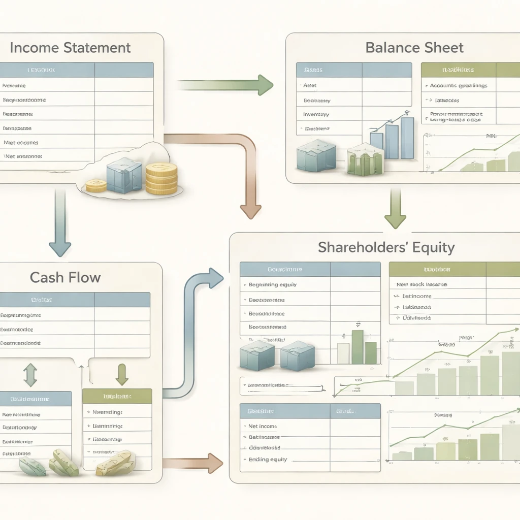 Interconnected visualization of income statement, balance sheet, cash flow statement, and equity statement showing directional relationships.